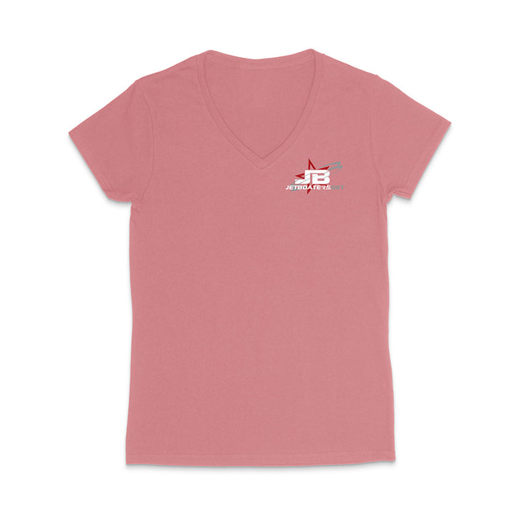 Red V-neck t-shirt with a logo on the chest against a white background