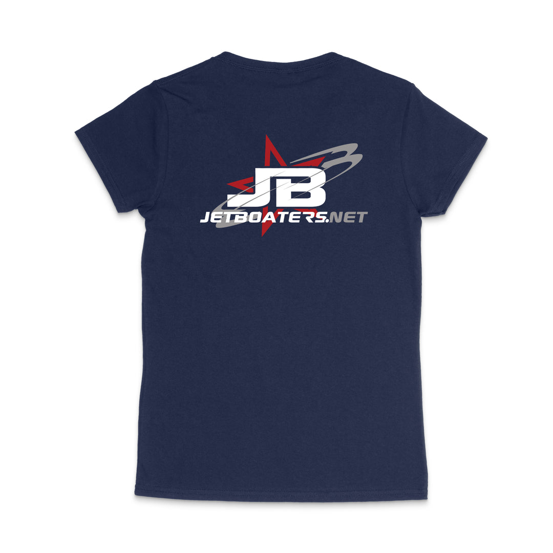 Navy blue t-shirt with JB Jetboaters.net logo on a white background