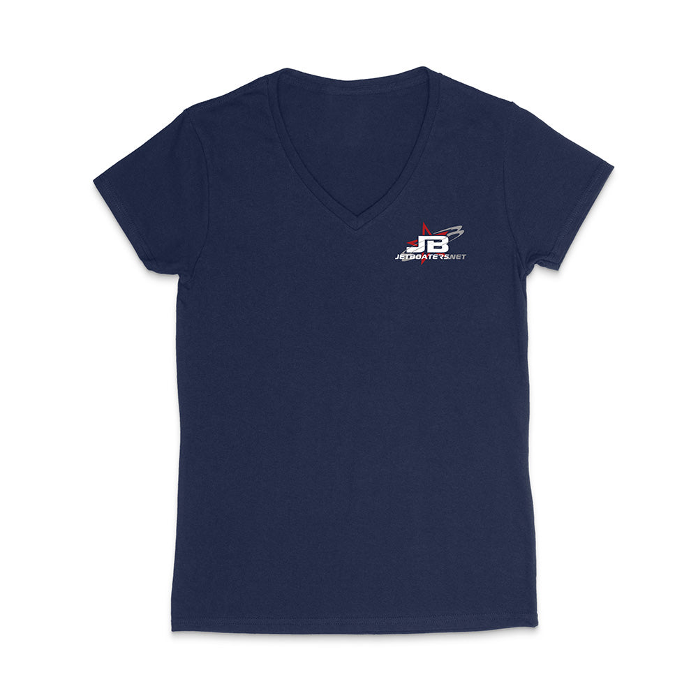 Navy blue t-shirt with a logo on the chest against a white background