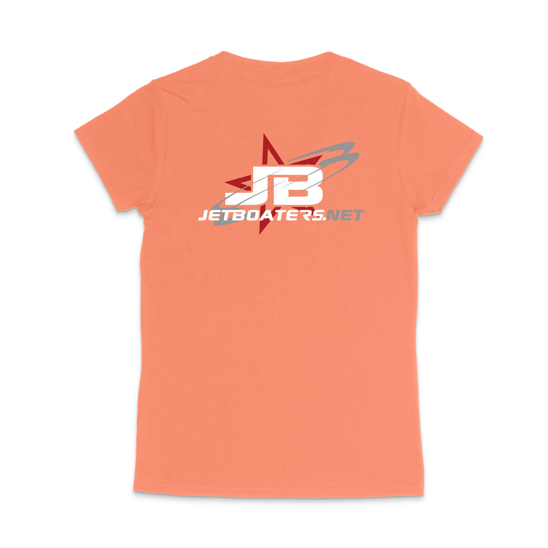 Coral t-shirt with 'JB JetBoaters.NET' logo on a white background
