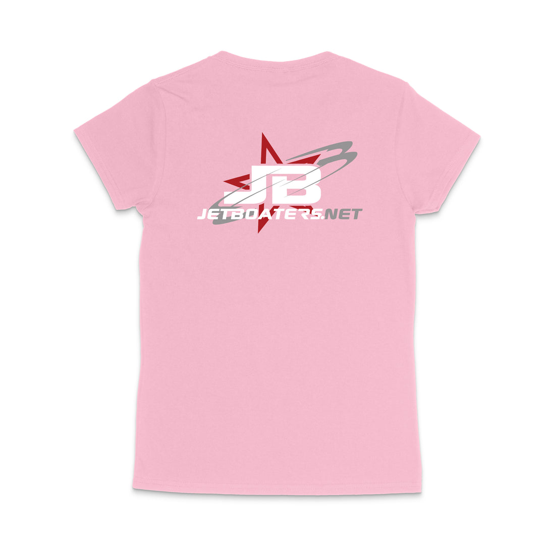 Pink t-shirt with a logo and text on the back against a white background