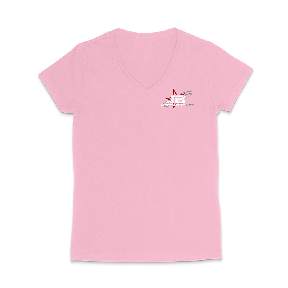 Pink t-shirt with a logo on the chest against a white background