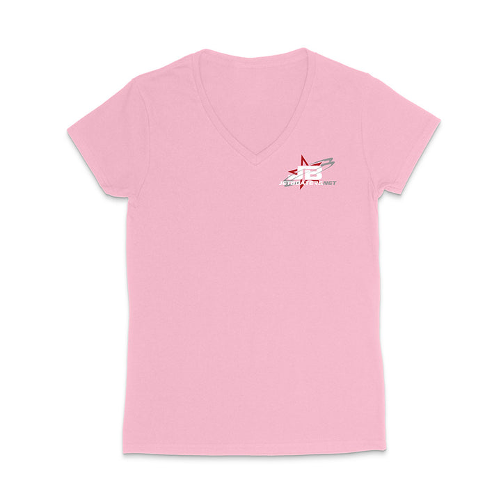 Pink t-shirt with a logo on the chest against a white background