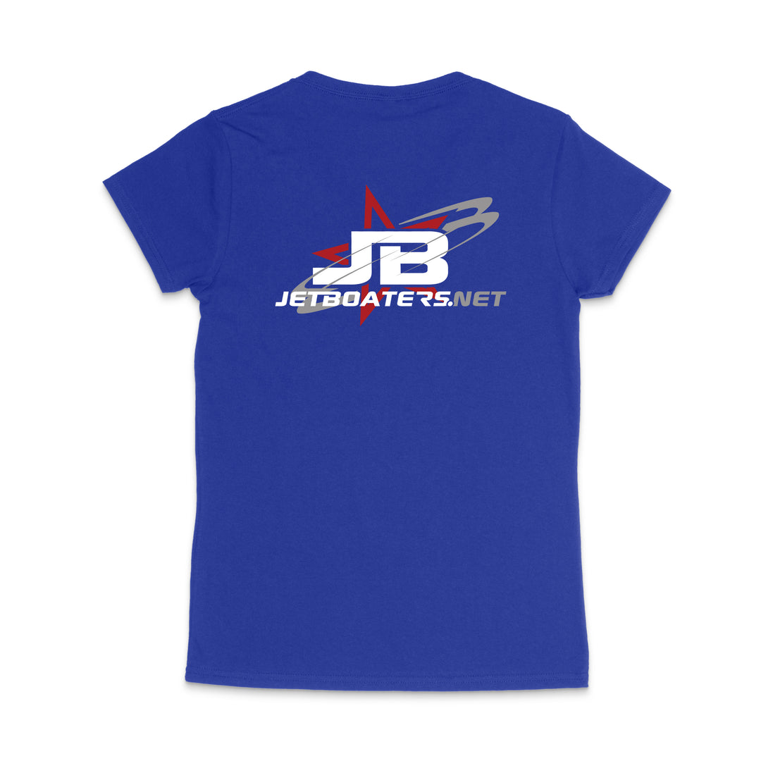 Blue t-shirt with JB JetBoaters.net logo on a white background