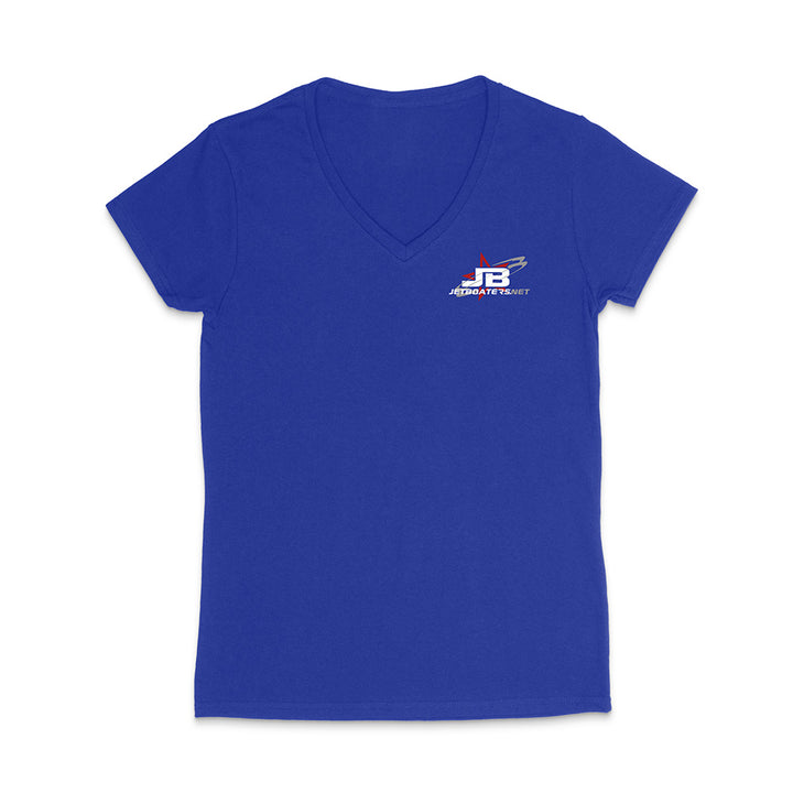 Blue t-shirt with a logo on the chest against a white background