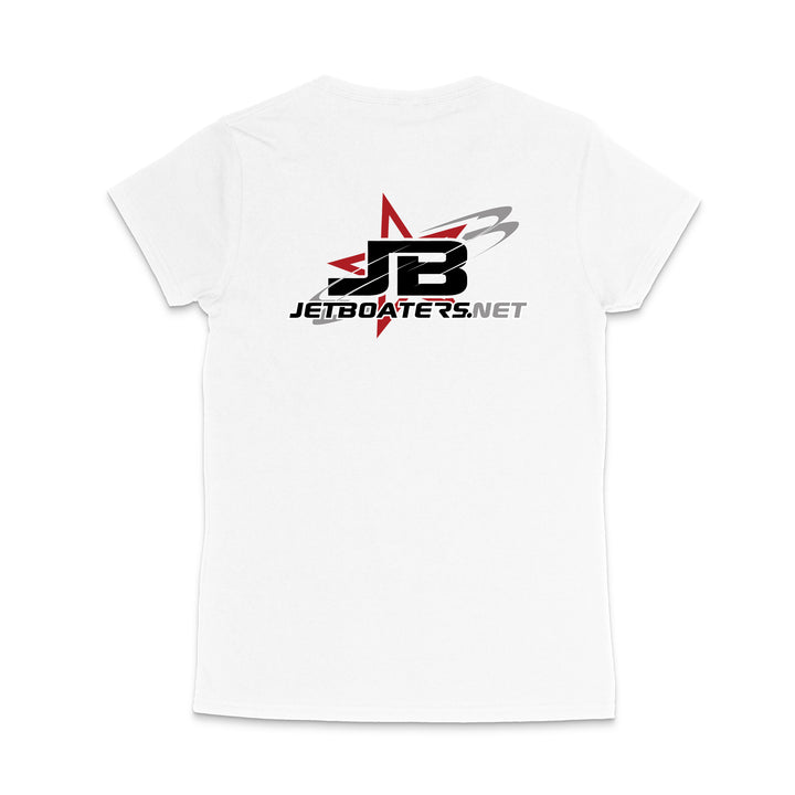 White t-shirt with JetBoaters.net logo on a white background