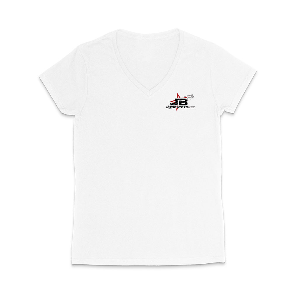 White t-shirt with a logo on the chest against a white background