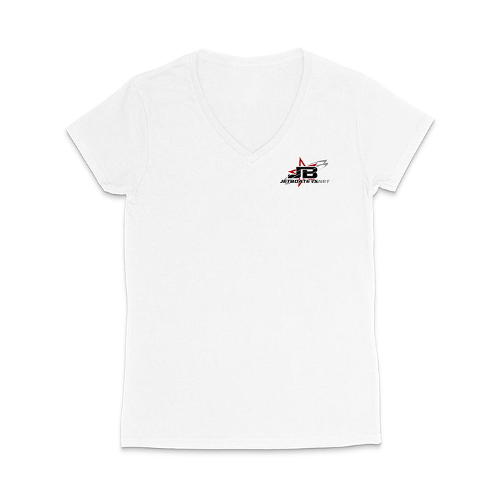 White t-shirt with a logo on the chest against a white background