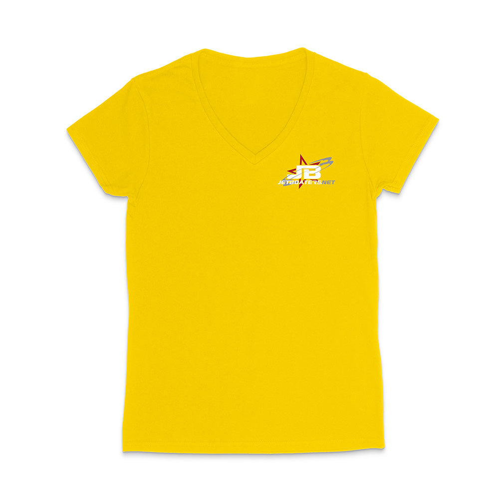 Yellow t-shirt with a logo on the chest against a white background