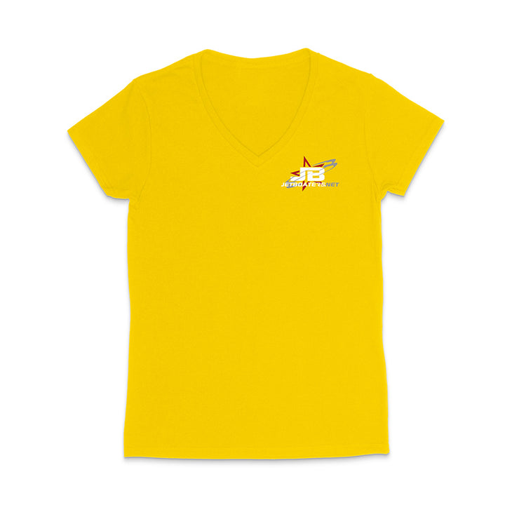 Yellow t-shirt with a logo on the chest against a white background