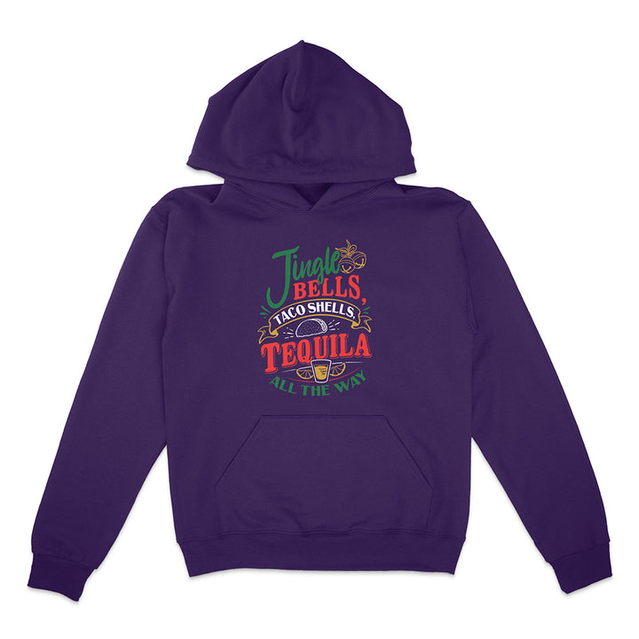 Purple Hoodie with red green and yellow graphic text reading "Jingle Bells Taco Shells, Tequila All The Way".