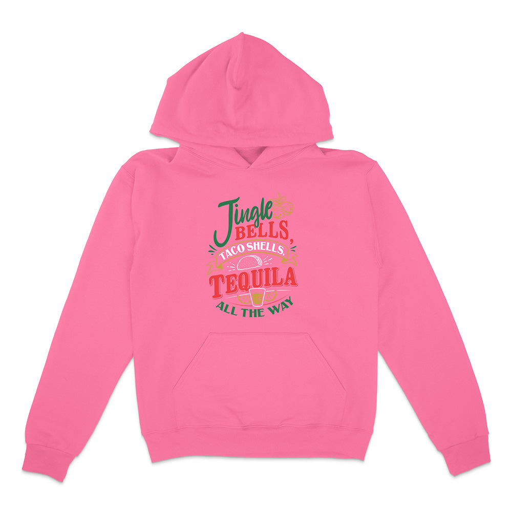Neon Pink Hoodie with red green and yellow graphic text reading "Jingle Bells Taco Shells, Tequila All The Way".