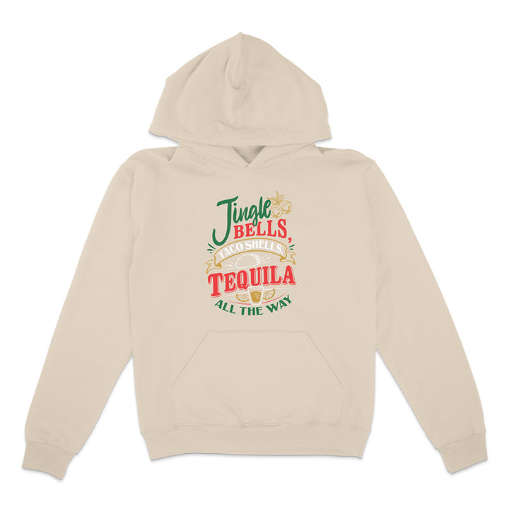 Khaki Hoodie with red green and yellow graphic text reading "Jingle Bells Taco Shells, Tequila All The Way".