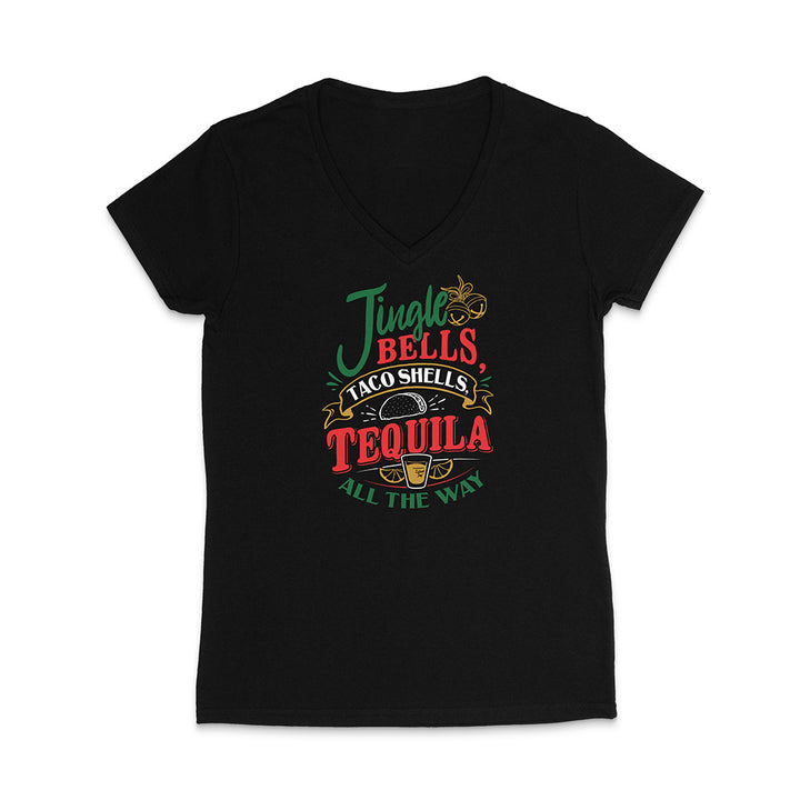 Black t-shirt with colorful text design reading "Jingle Bells Taco Shells Tequila All The Way" on a white background