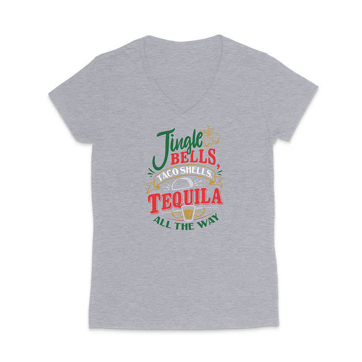 Grey t-shirt with colorful text design reading "Jingle Bells Taco Shells Tequila All The Way" on a white background