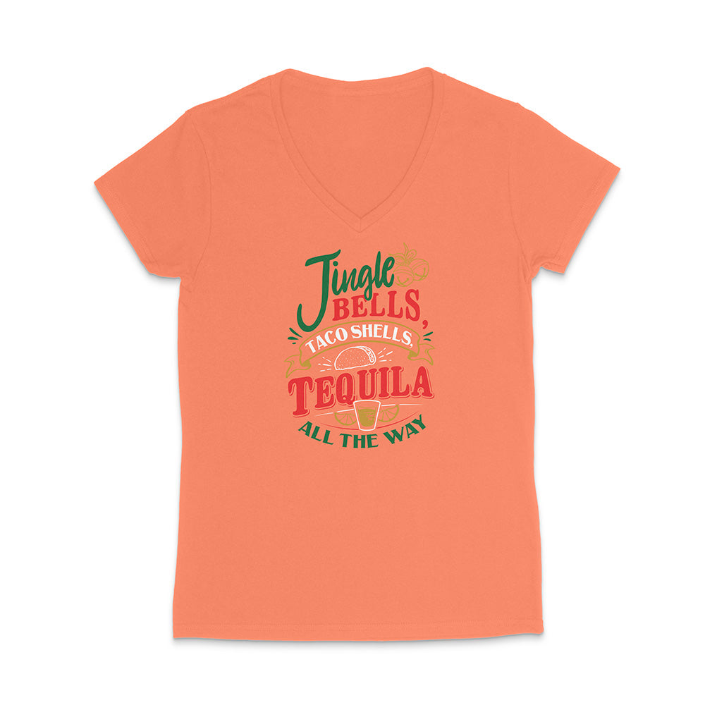 Orange t-shirt with colorful text design reading "Jingle Bells Taco Shells Tequila All The Way" on a white background