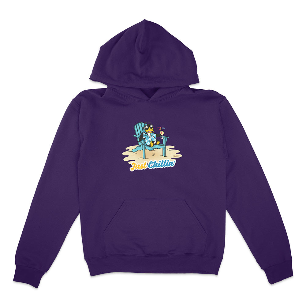 Purple hoodie with a graphic of a duck on a chair and 'Just Chillin' text on a white background