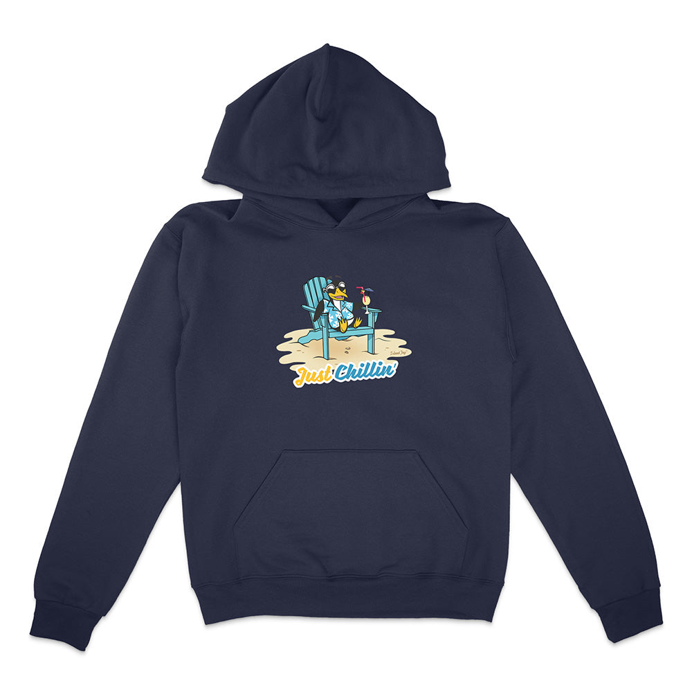 Navy blue hoodie with a graphic of a person in a chair and 'Just Chillin' text on a white background