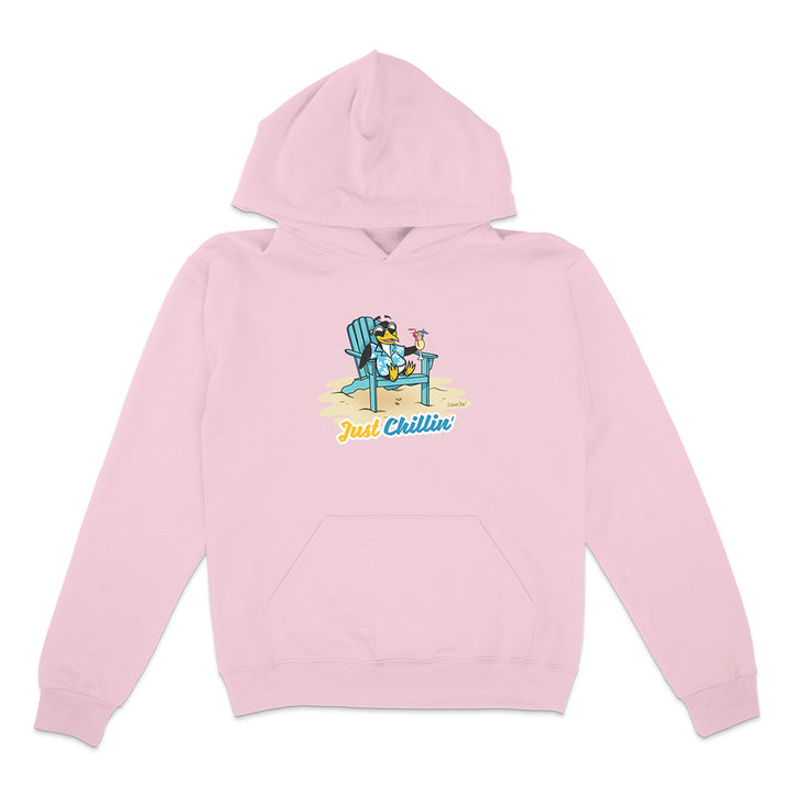 Pink hoodie with a graphic of a dog sitting on a chair and 'Just Chillin' text on a white background