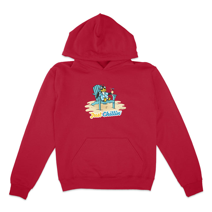 Red hoodie with a graphic of a dog in a chair and 'Just Chillin' text on a white background