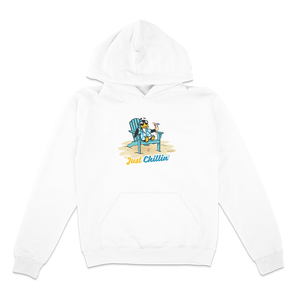 White hoodie with a graphic of a dog in an adirondack chair and 'Just Chillin' text on a white background