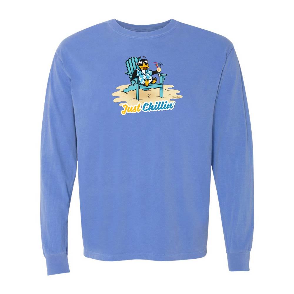 Blue long-sleeve shirt with a graphic of a penguin in an armchair and 'Just Chillin' text.