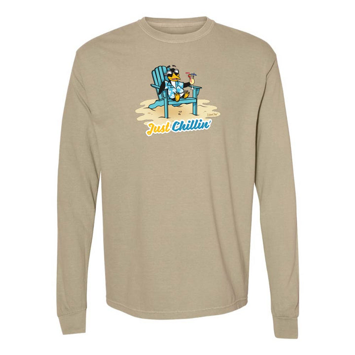 Khaki long-sleeve shirt with a graphic of a penguin in an armchair and 'Just Chillin' text.