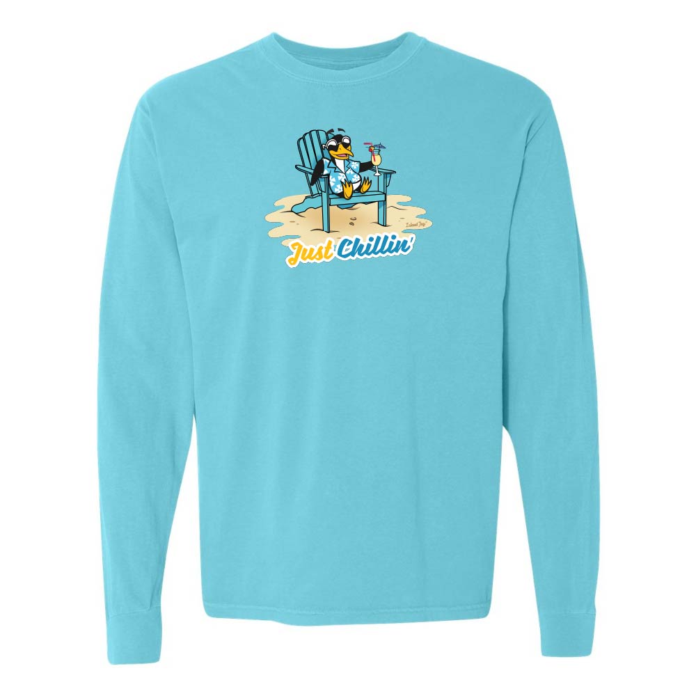 Blue long-sleeve shirt with a graphic of a penguin in an armchair and 'Just Chillin' text.