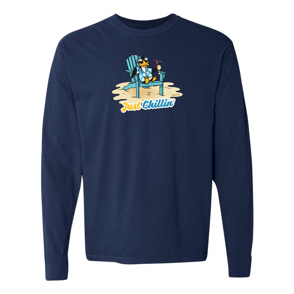 Navy long-sleeve shirt with a graphic of a penguin in an armchair and 'Just Chillin' text.