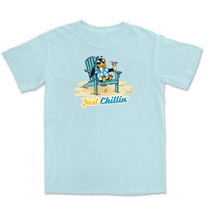 Light blue t-shirt with a cartoon penguin in a chair and 'Just Chillin' text on a white background