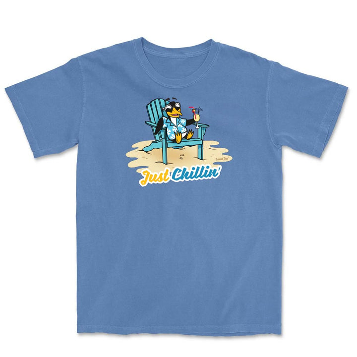 Flo blue t-shirt with a cartoon penguin in a chair and 'Just Chillin' text on a white background