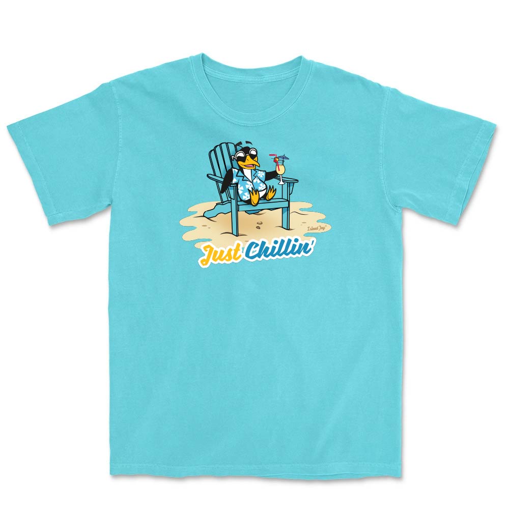 Light blue t-shirt with a cartoon penguin in a chair and 'Just Chillin' text on a white background