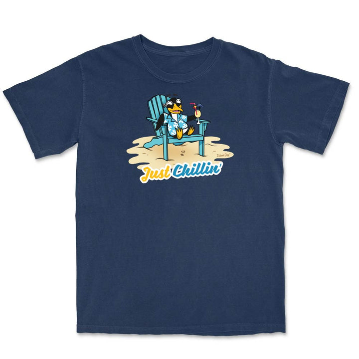 Navy blue t-shirt with a cartoon penguin in a chair and 'Just Chillin' text on a white background