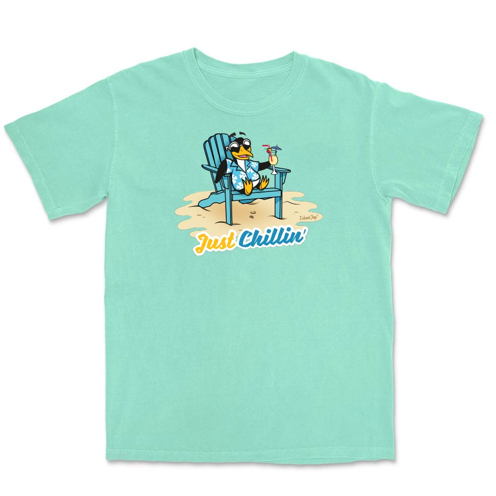 Light green t-shirt with a cartoon penguin in a chair and 'Just Chillin' text on a white background