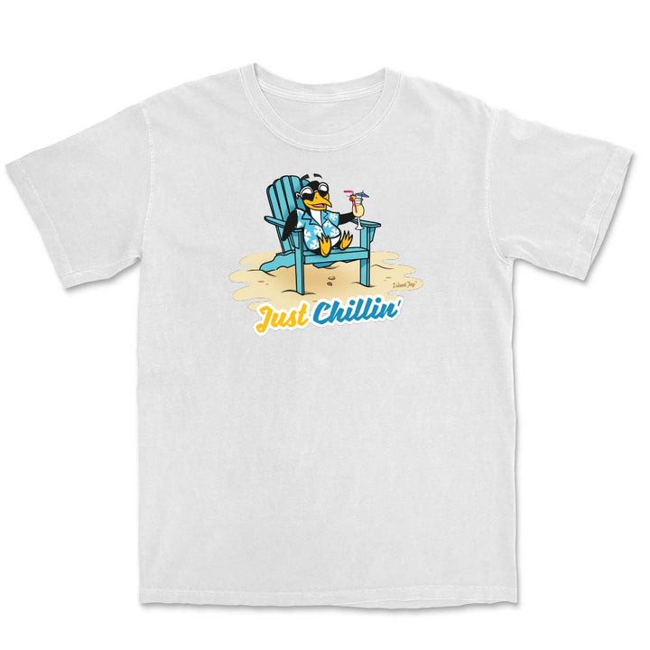 White t-shirt with a cartoon penguin in a chair and 'Just Chillin' text on a white background