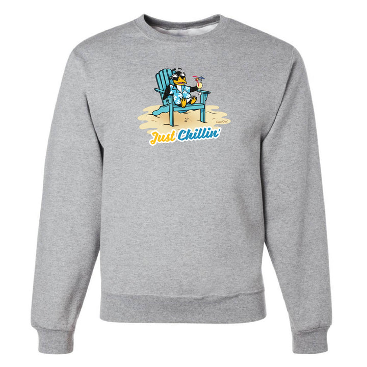 Gray sweatshirt with a cartoon penguin on a chair and 'Just Chillin' text, on a white background