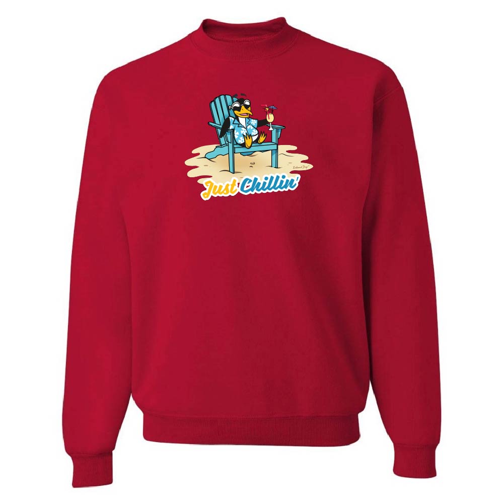 Red sweatshirt with a graphic of a penguin in a chair and 'Just Chillin' text on a white background