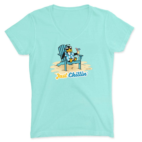 Light blue t-shirt with a cartoon penguin in a chair and 'Just Chillin' text.