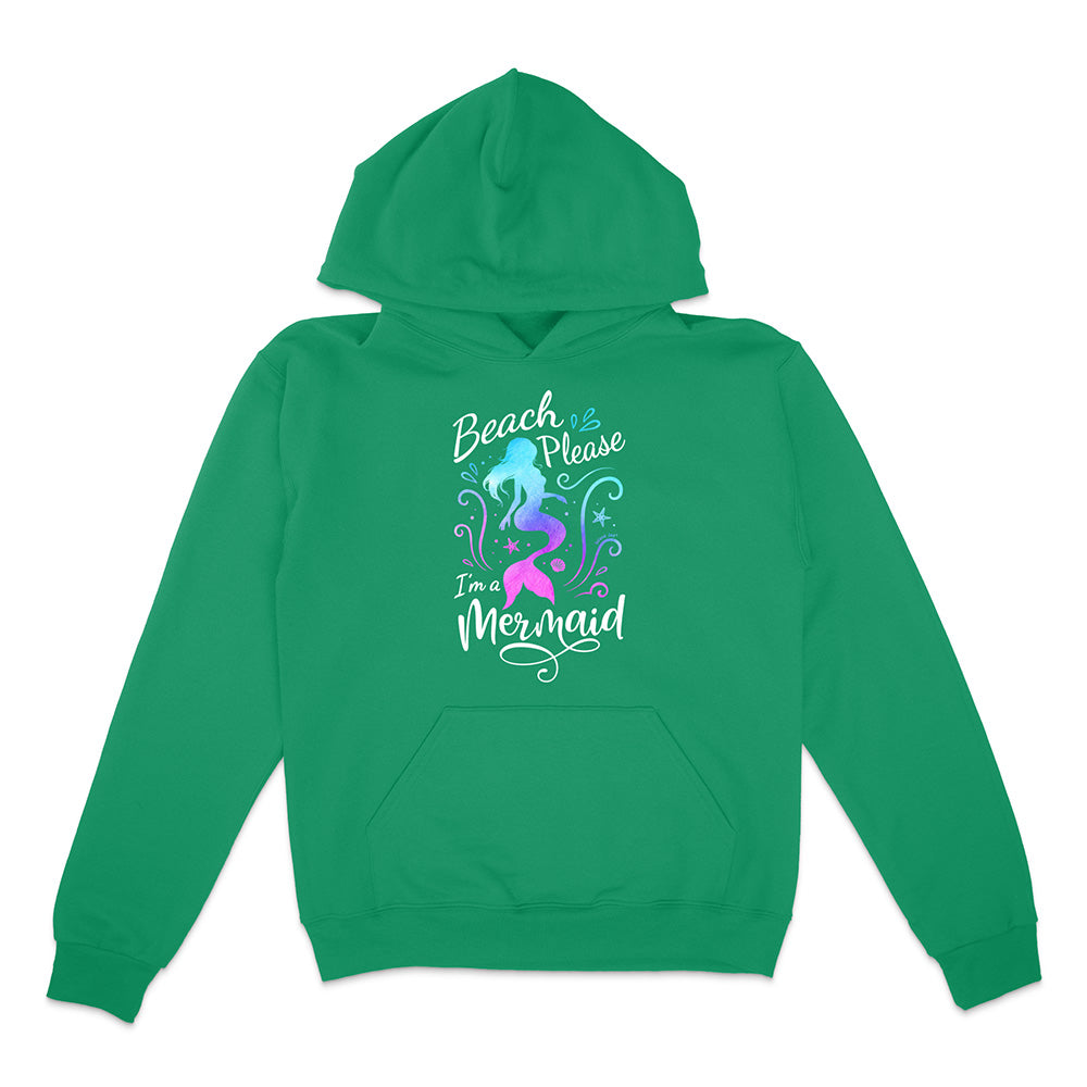 Green hoodie with mermaid design and text on a white background
