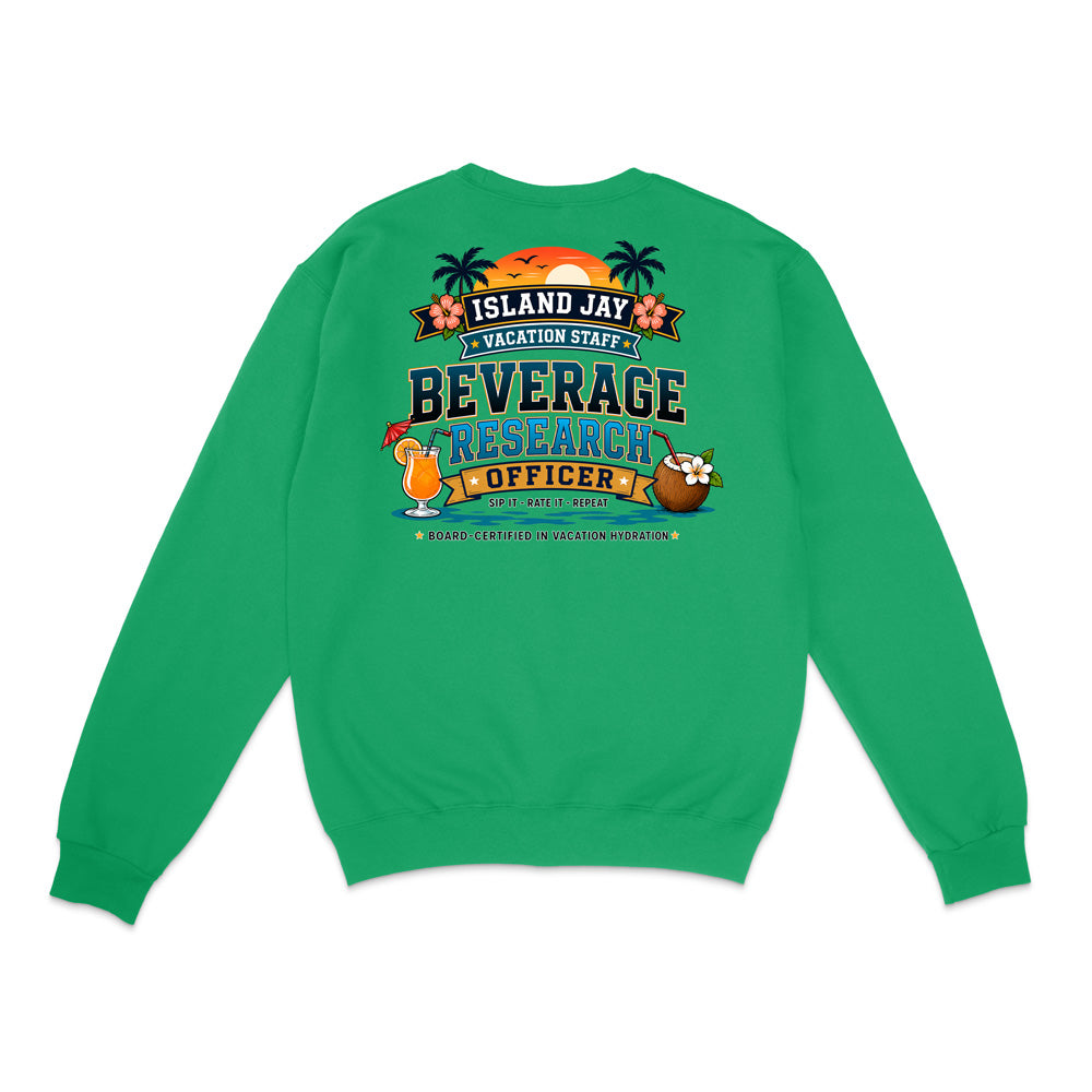 A bright green crewneck sweatshirt shown from the back, featuring a colorful graphic print with tropical elements and the text 'ISLAND JAY BEVERAGE RESEARCH OFFICER'.