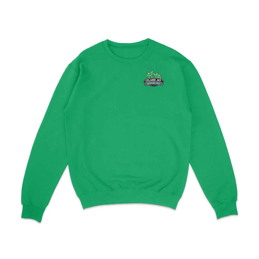A bright green crewneck sweatshirt with a small graphic on the left chest featuring a green tree and the text 'SLAM JAM CHAMPIONS'.