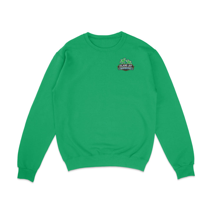 A bright green crewneck sweatshirt with a small graphic on the left chest featuring a green tree and the text 'SLAM JAM CHAMPIONS'.