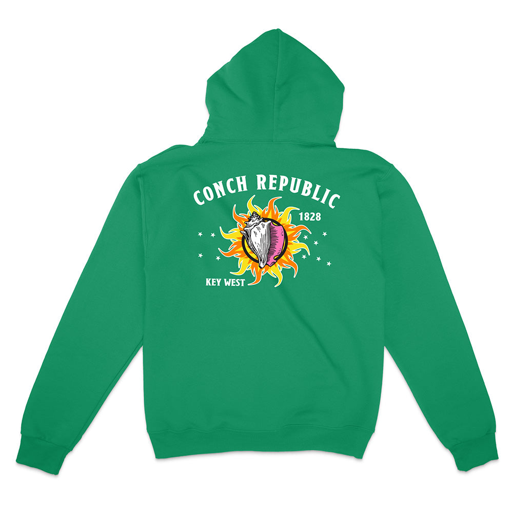 Green Hoodie with Key West Flag Graphic text reading "Conch Republic Key West 1828" on a white background.
