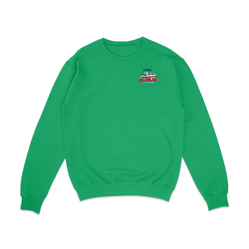 A bright green crewneck sweatshirt with a small graphic print on the left chest depicting a green and white boat on a red background, displayed on a clean white background.