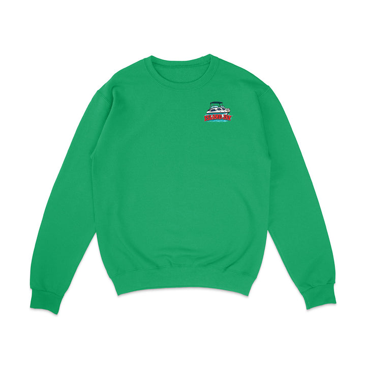 A bright green crewneck sweatshirt with a small graphic print on the left chest depicting a green and white boat on a red background, displayed on a clean white background.