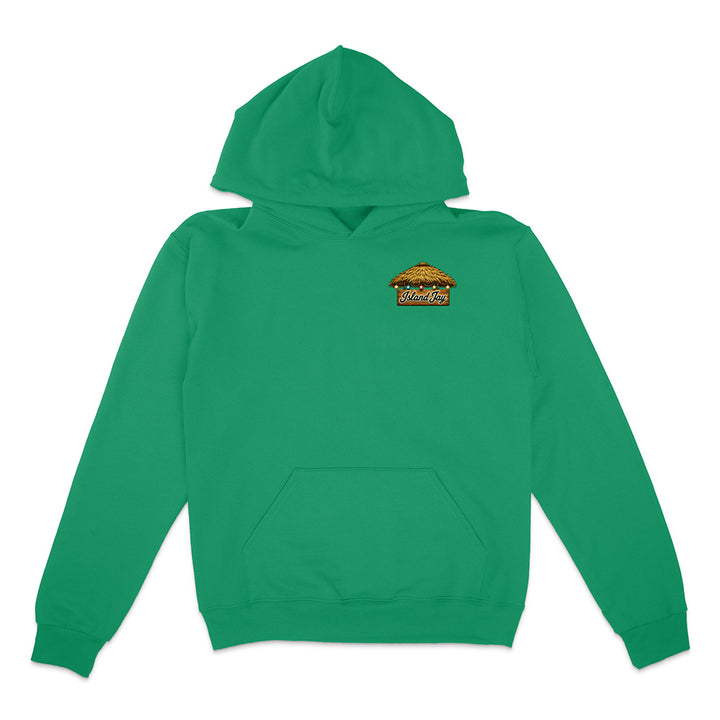 A bright green pullover hoodie with a small embroidered graphic on the left chest depicting a hamburger with the word 'Delhi' written underneath, shown against a plain white background.