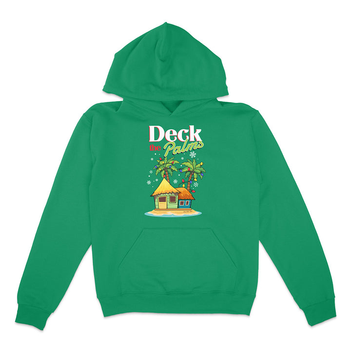 Green Hoodie with a tropical hut and palm tree design with graphic text reading "Deck The Palms" on a white background.