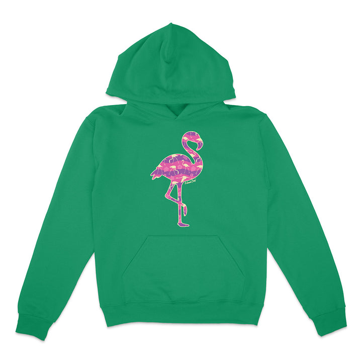 Green hoodie with a colorful flamingo design on a white background.