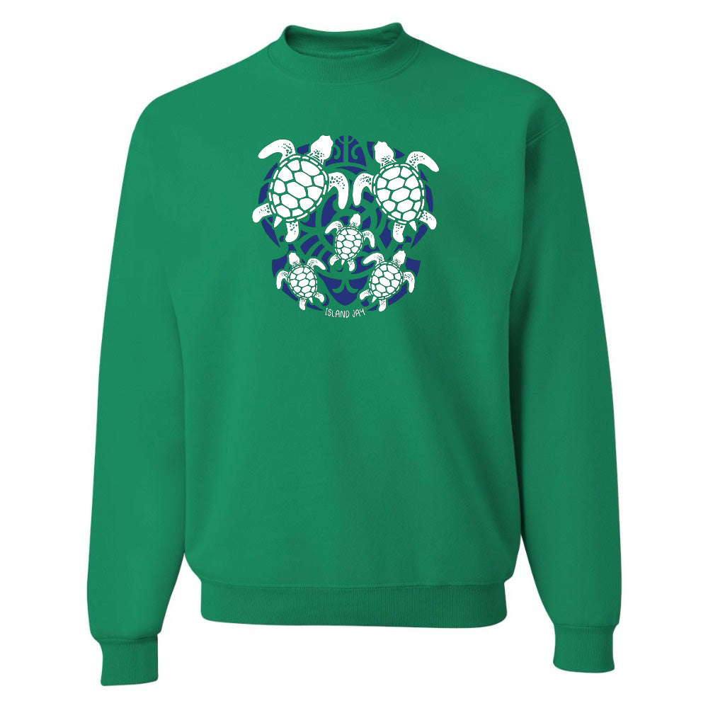 Green hoodie with a blue and white turtle graphic on a white background