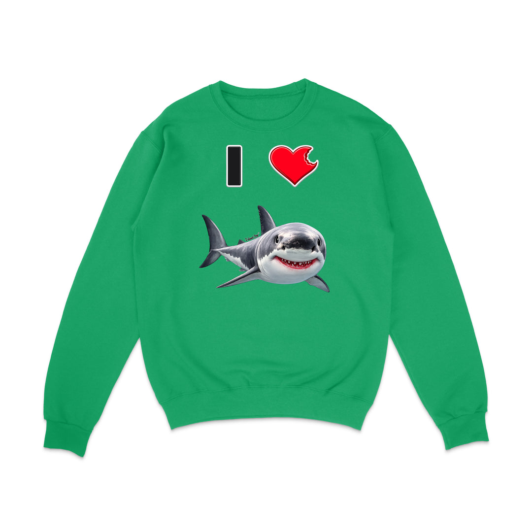 A bright green crewneck sweatshirt featuring a graphic print of a great white shark and the text 'I' followed by a red heart with a white outline.